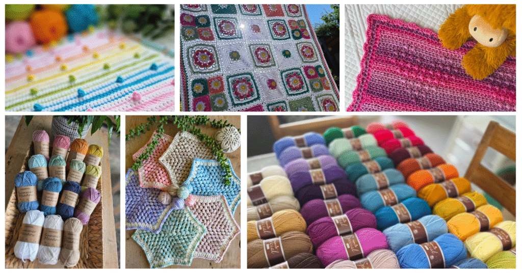 A cosy set of pictures featuring colourful skeins of yarn, holiday-themed decorations like pinecones and ornaments, and a printed knitting pattern beside swatches and needles, capturing the seasonal spirit and showcasing new creative releases.