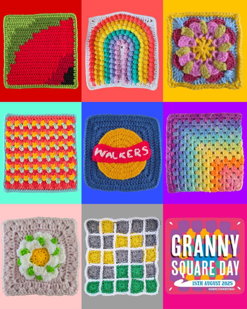 Eight unique granny squares in different colours and designs, each displayed on a colourful background, created for Granny Square Day 2025
