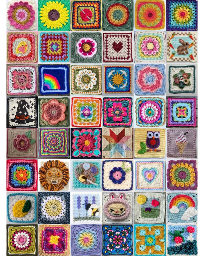 Virtual granny square blanket made from colourful crochet squares in various patterns and shades, displayed as a digital collage.
